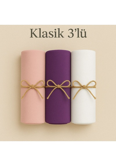 Mim Eşarp Penye Pamuksu Şal Klasik 3 Lü Set Pudra - Mor - Beyaz