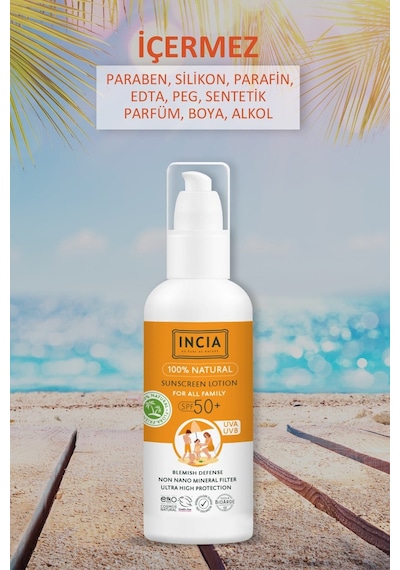 INCIA %100 Doğal Organik Tamanu Yağlı Güneş Losyonu Mineral Filtreli Tüm Aile İçin SPF 50+ 100 ML