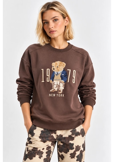 Mevese Kadın Rahat Kesim Teddy Ayıcık Nakış Detaylı Sweatshirt- Kahverengi
