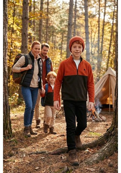 Lela Yumuşak Dokulu Yarım Fermuarlı Renk Bloklu Dik Yaka Unisex Çocuk Polar 5905004 Orange-Antrasit