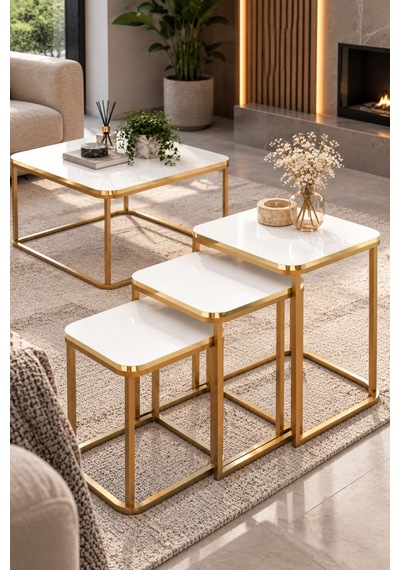 Sulorahome Damla Sehpa Seti Beyaz Ve Gold Metal Ayaklı Tablalar Beyaz Mermer / Ayaklar Gold