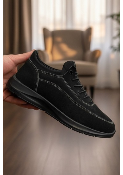 Enoch Hakiki Süet Deri Dikişli Erkek Sneaker Ortopedik Taban Siyah