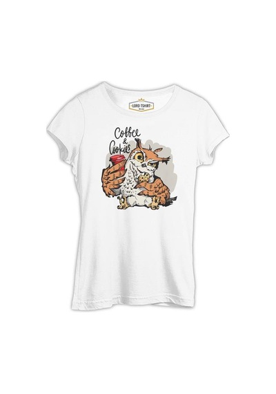 Coffee And Biscuits - Baykuş Beyaz Kadın Tshirt 001