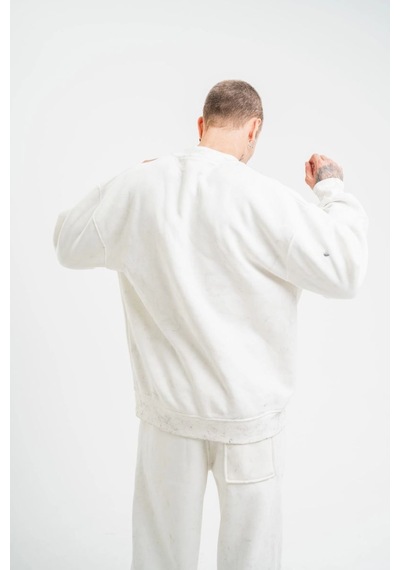 Erkek 3 İplik Pamuklu Bisiklet Yaka Yıkamalı Sweatshirt - Beyaz