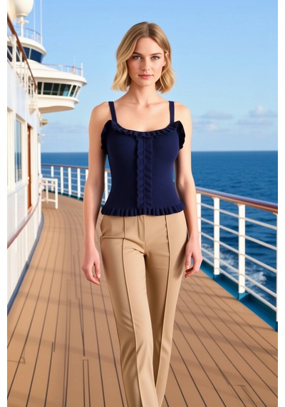Benerly Kadın Bluz Crop Havuz Yaka Kolsuz Fitted Kesim İnce Triko Düz Des Lacivert