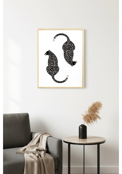 Doğal Ahşap Çerçeveli Retro Leopar Desenli Hayvan Tablo - Nokta Desenli Huhu2706