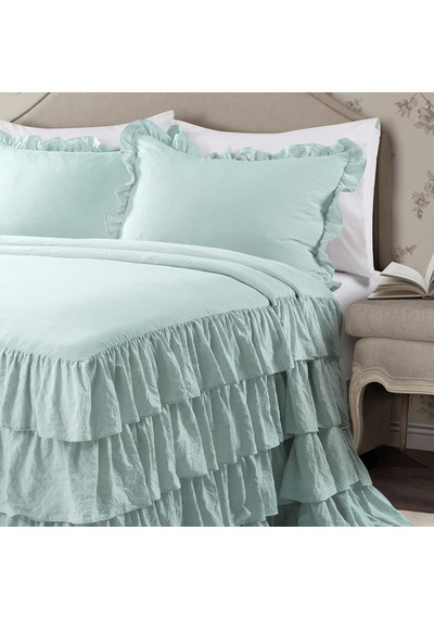 Aqua Allison Fırfırlı Etek Yatak Örtüsü Vintage Şık Çiftlik Evi Tarzı Hafif 3 Parça Set Queen Çok renkli