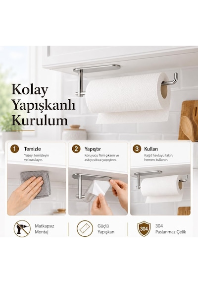 Premium Mat Krom Solo Havlu Askısı, Yapışkanlı Dolap Altı Kağıt Havluluk, Paslanmaz Çelik Mutfak Havlu Ve Kağ Diğer