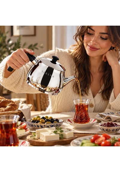 Serenk Excellence Mini Boy Çelik Çaydanlık 0,75 L Demlik, 1,5 L Suluk Gümüş - Siyah