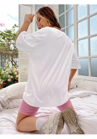 Flood Of Style Kadın Açık Pembe Baskılı 1898 Brooklyn New York Beyaz Oversize Bisiklet Yaka T-shirt Lacivert