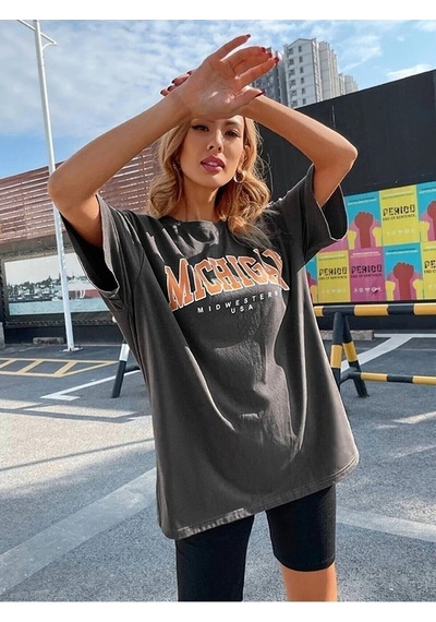 Flood Of Style Kadın Füme Oversize Michigan Baskılı T-shirt Gri