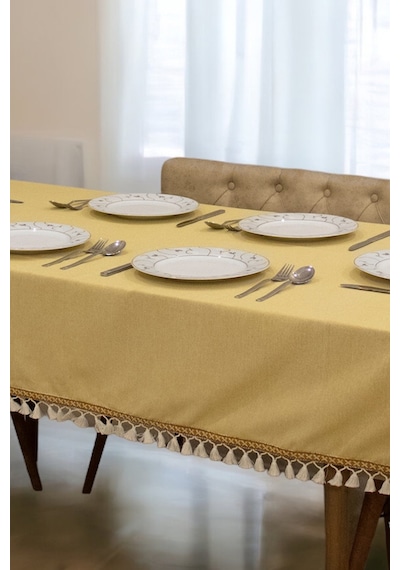 Dnc Home Tekstil  Sarı Pamuk Keten Kahverengi Şerit Ponponlu Masa Örtüsü