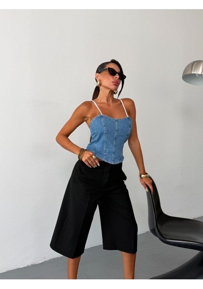 Herton Kadın İnce Askılı Arkası Fermuarlı Denim Korse Büstiyer Crop Top Çok Renkli