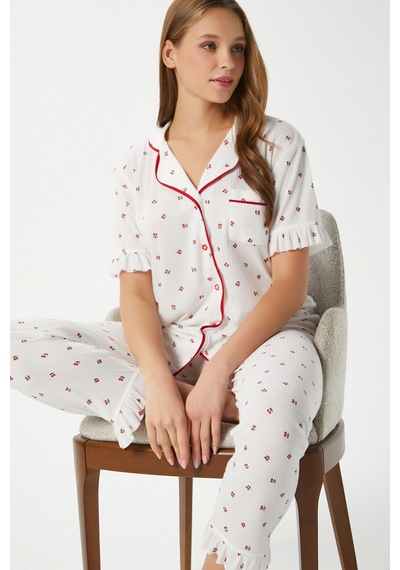 Ritnice Kadın Fırfırlı Kiraz Ön Düğmeli Kısa Kol Alt Üst Pijama Takımı Ekrukırmızı Çok Renkli