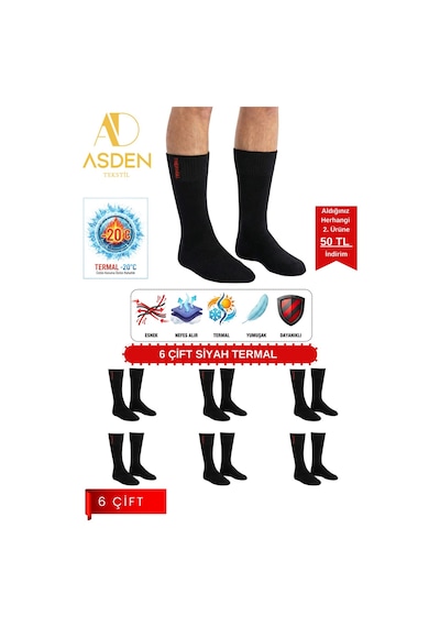 Asden 6 Çift Termal Erkek Çorap Ekstra Kalın Havlu Premium Pamuklu Burun Dikişsiz Kısa Konç Siyah 6çiftsiyahtermal
