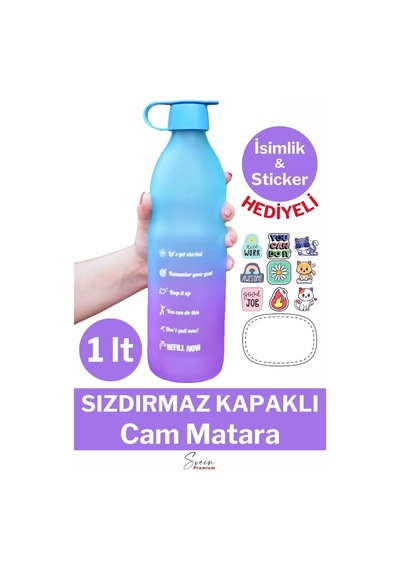 Premium Sızdırmaz Motivasyonel Sporcu Cam Renkli Su Matarası 1 Litre Suluk Tritan Bpa İçermez 1 Adet