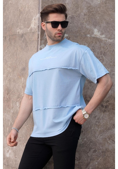Madmext Mavi Oversize Baskılı Bisiklet Yaka Tişört 7017-mavi Mavi