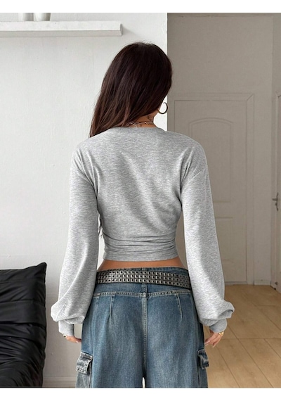 Kadın Bisiklet Yaka Belden Oturtmalı Tasarım Sweatshirt Gri