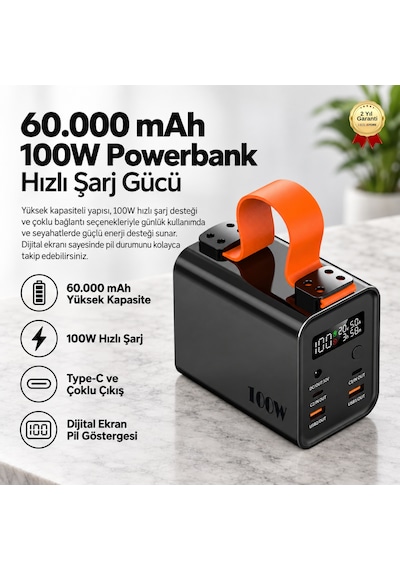 Powerbank 60.000 Mah 100w Hızlı Şarj Type-c Dijital Ekranlı Taşınabilir Güç Kaynağı-1753 Siyah