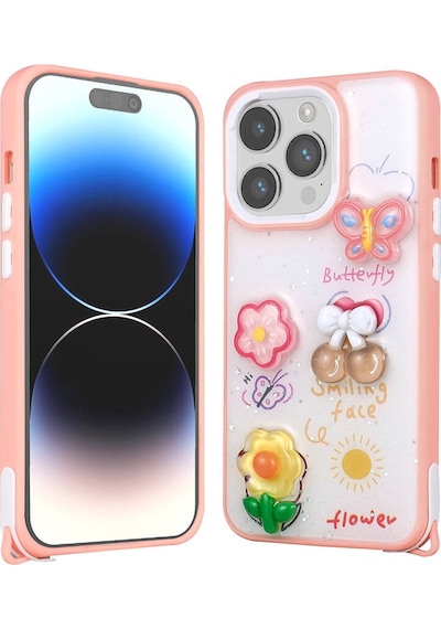 Zore Apple Uyumlu iPhone 14 Pro Max Kılıf Parlayan Sıvılı Simli Kabartma Figürlü Cevze Kapak-p Pembe