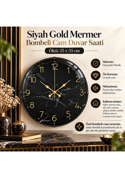 Almira Duvar Saati Siyah Gold Mermer Bombeli Cam Duvar Saati 35 Cm Gold - Siyah