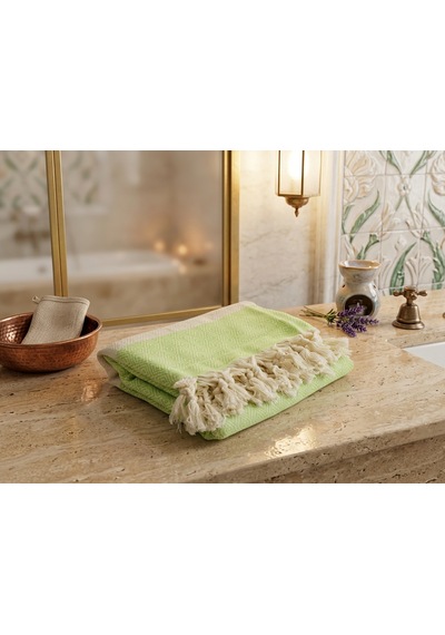 Ludıa %100 Pamuklu Diamond Desenli Saçaklı Yeşil Peştemal 100x195 Cm Plaj Ve Banyo Havlusu