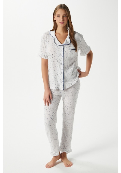 Kadın Fırfırlı Mavi Minik Çiçekli Ön Düğmeli Kısa Kol Alt Üst Pijama Takımı Ekrukırmızı Ekru - Kırmızı