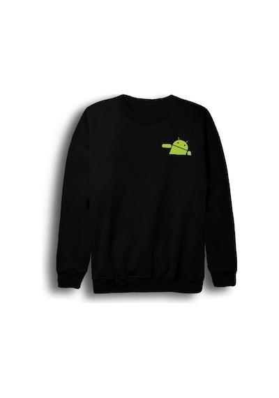Android Robot Baskılı Bisiklet Yaka Sweatshirt Siyah