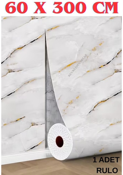 60cmx300cm Tek Parça Yapışkanlı Rulo Mermer Desenli Duvar Paneli Kağıdı Silinebilir Tx-076-luna Çok Renkli