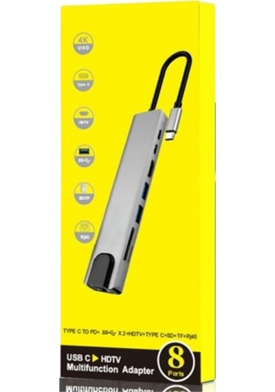 8 In 1 Ethernet Sd Usb Type C Hub Hdmı Girişli Apple  Uyumlu MacBook Çevirici