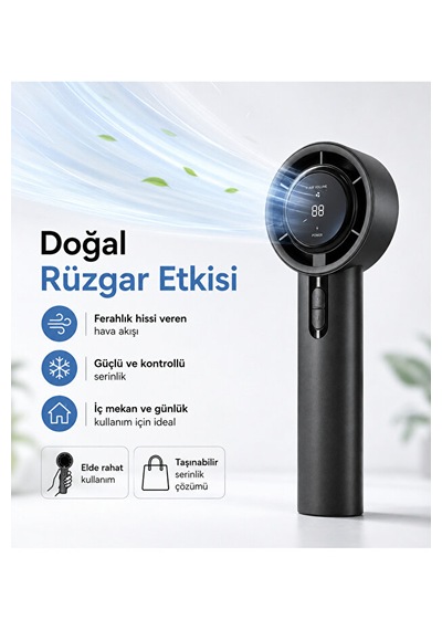 100 Kademeli Dijital Göstergeli Şarjlı El Fanı Taşınabilir Yüksek Hızlı Mini Vantilatör Siyah
