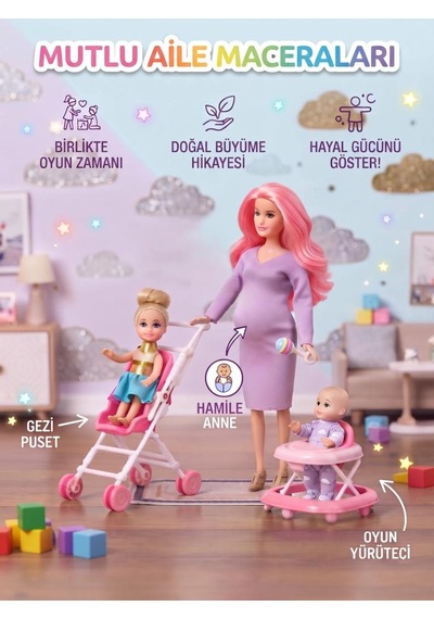 Hamile Anne Ve Bebekleri 3 Bebekli Dönen Karınlı Haraketli Eklemli Aksesuarlı Oyuncak Bebek Seti Pembe