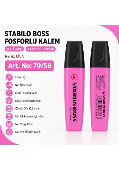 Boss Fosforlu Kalem 1 Adet Metin İşaretleme Kalemi Lila