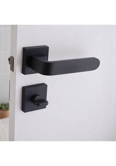 Ay Wc - Banyo Siyah Kapı Kolu Kare Rozetli Ev Kapı Kolları Sağa Sola Uygun Kilitlenebilir 1 Takım