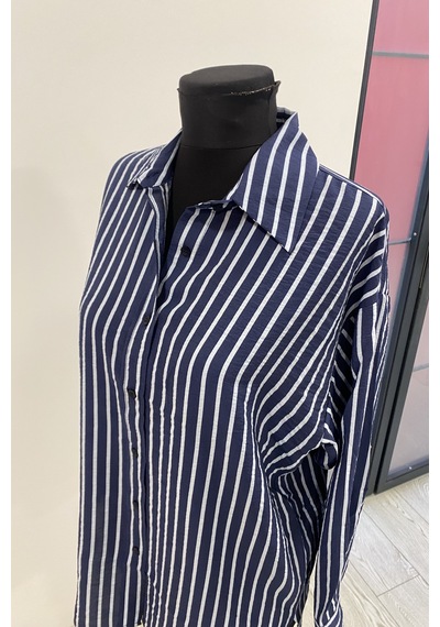 Pera Moda Oversize Çizgili Modal Gömlek Lacivert
