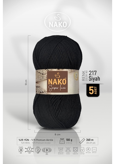 Süper İnci - 217 Siyah - 5'li Paket - 100gr/260m - El Örgü İpi - Atkı Yelek Kazak İpi