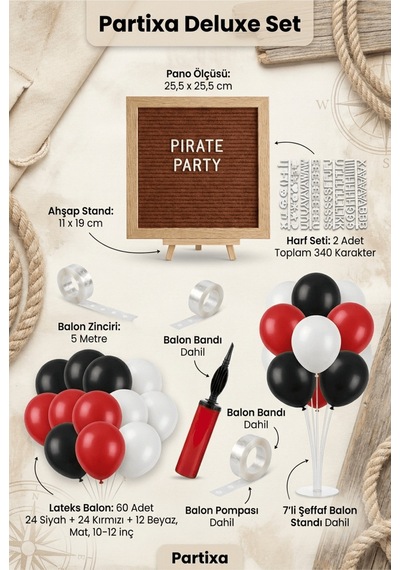 Korsan Temalı Doğum Günü Süsleme Deluxe Set Kahve Keçe Yazı Panosu Standlı Balon Zincirli 7 Li Şeffaf Balon Standlı 3+ Yaş