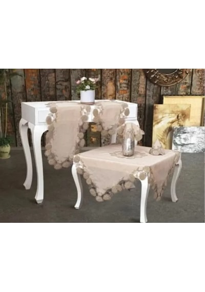 Salon Takımı 5 Parça Keten Dantelli Masa Örtüsü Runner Seti Çeyizlik Flowers Model Kapiçino Çok Renkli