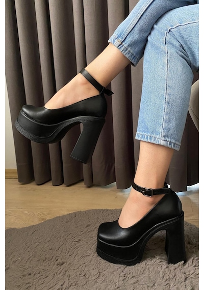 Preshley Kadın Elanor Siyah Deri Bilekten Bağlamal 12 Cm Platform Topuklu Ayakkabı-siyah Siyah