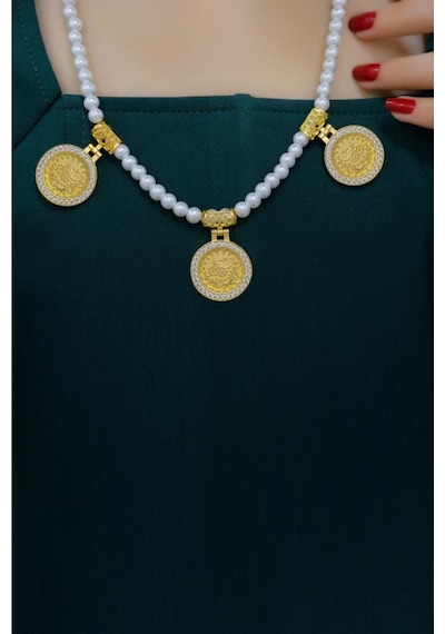 Üçü Biryerde Tuğralı Incili Kolye Sarı Altın
