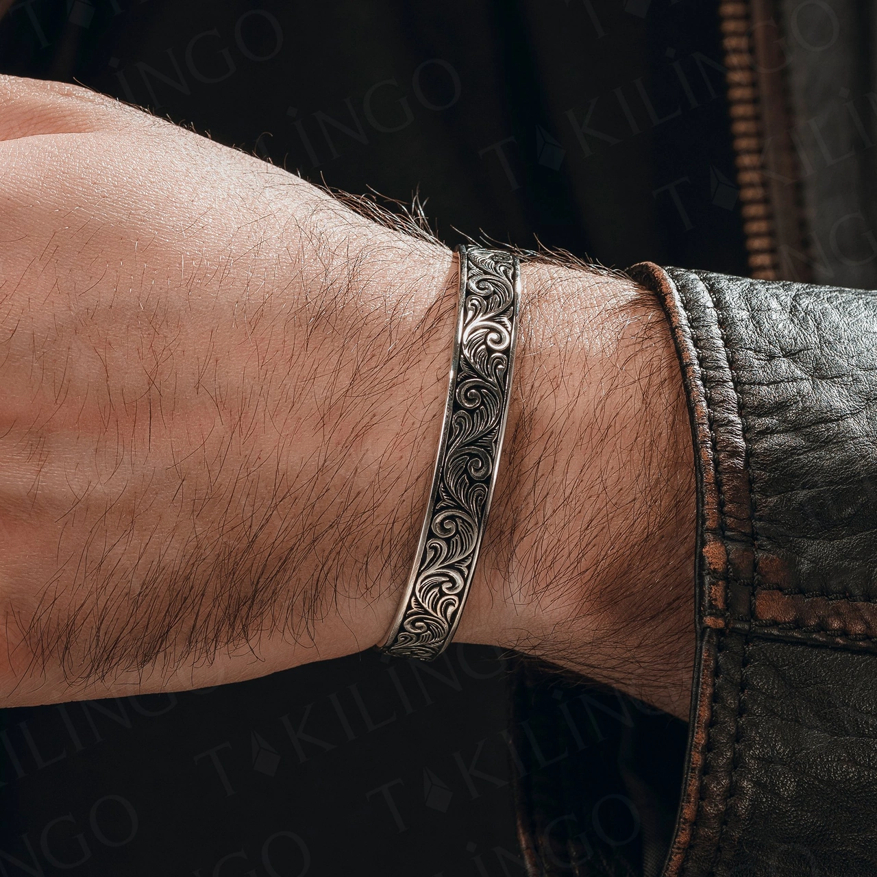 925 Ayar Gümüş Kalem İşlemeli Osmanlı El Yapımı Açık Cuff Erkek Bileklik Gümüş