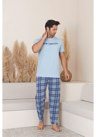 Sude Homewear Erkek Ekoseli Kısa Kol Pijama Takımı Mavi