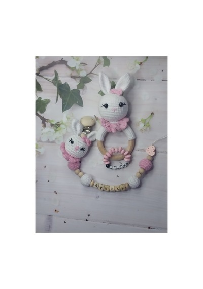 Baby Happiness Amigurumi Tavsan Cingirakli Diskasiyici Özel İsimli Emzik Zinciri Bileklik