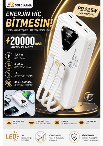 20000mah Power Bank 22.5w Süper Hızlı Şarj Type-c Lightning Dahili Kablolu Dijital Göstergeli Gri