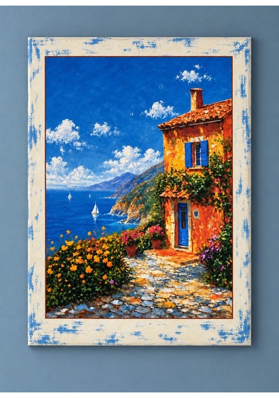 Akdeniz Esintisi Beyaz Eskitme Çerçeve Desenli Deniz Manzaralı Dekoratif Ahşap Tablo 52 X 72 Cm