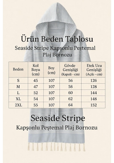 Kapşonlu Unisex Peştemal Plaj Bornozu %100 Pamuklu Seaside Stripe Kahverengi