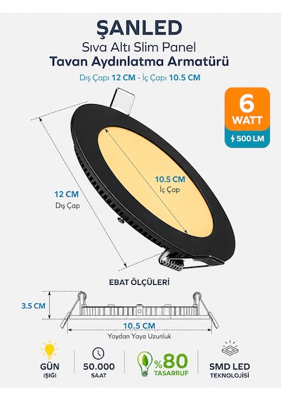 6w Tasarruflu Led Yuvarlak Siyah Kasa Gün Işığı Sıva Altı Panel Aydınlatma Armatürü 3 Adettir