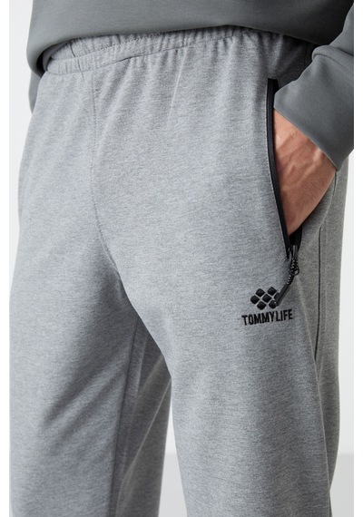Tommy Life Gri Melanj Fermuar Cepli Standart Kalıp Jogger Erkek Eşofman Alt - 84587 GB MELANJ Gri Melanj