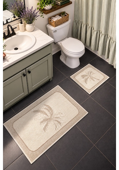 Sakura Sk012a Doğal Pamuk 2'li Banyo Paspas Seti 60x100 60x50cm Kaymaz Taban Makinada Yıkanabilir Krem-bej