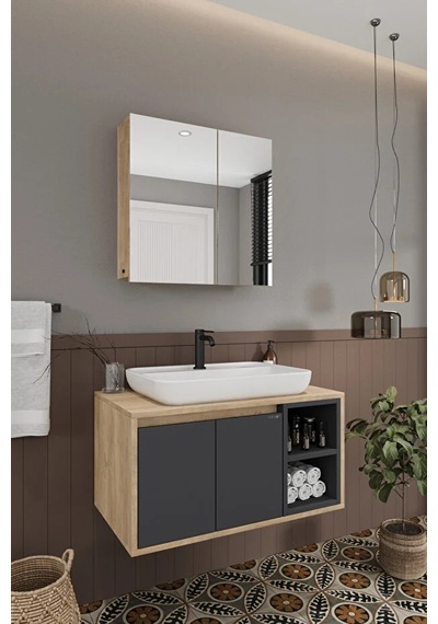 Lale 80 Cm %100 Mdf Lavabolu Banyo Dolabı + Aynalı Dolap Antrasit